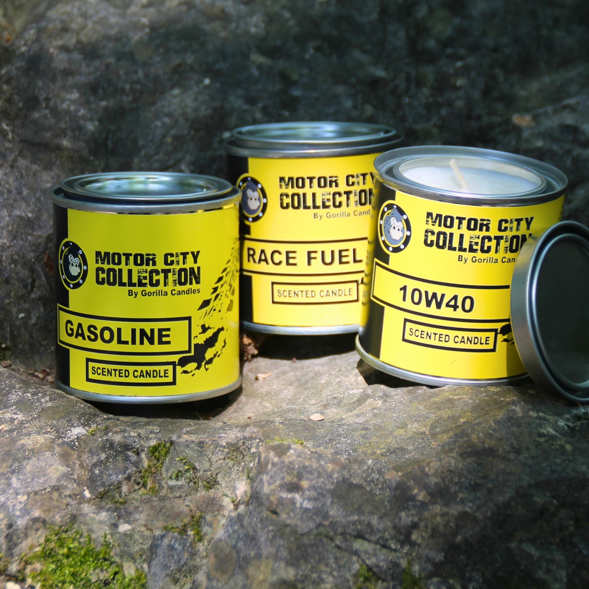 Trio de bougies à la cire de soja aux parfums 100% mécanique ! Gasoline, Race Fuel, 10W40.. idée cadeau originale !