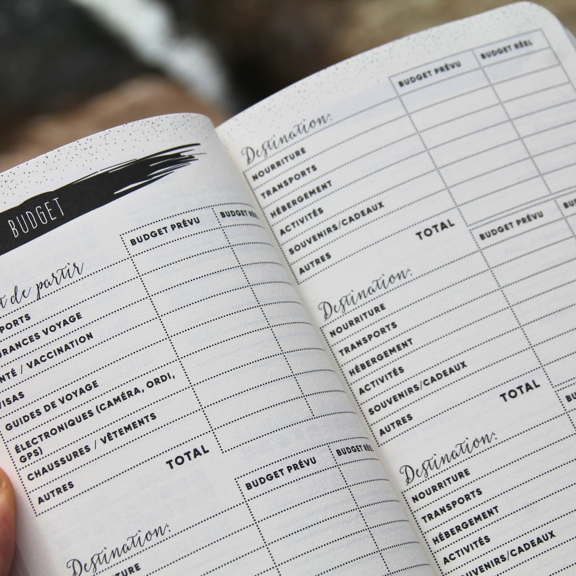 Carnet de voyage ouvert sur la page budget, permettant de suivre les dépenses et la gestion financière du voyage.