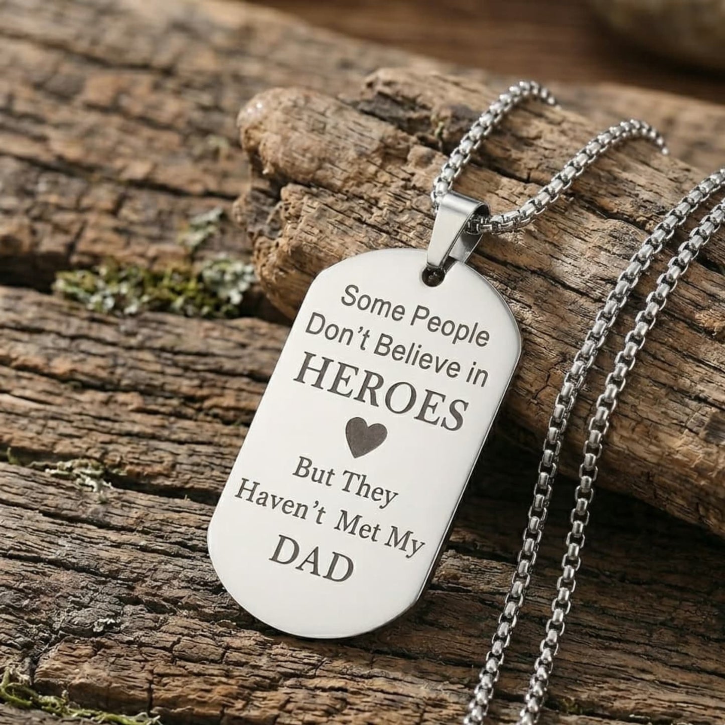 Collier acier inox plaque militaire gravé papa hero. Cadeau papa motard
