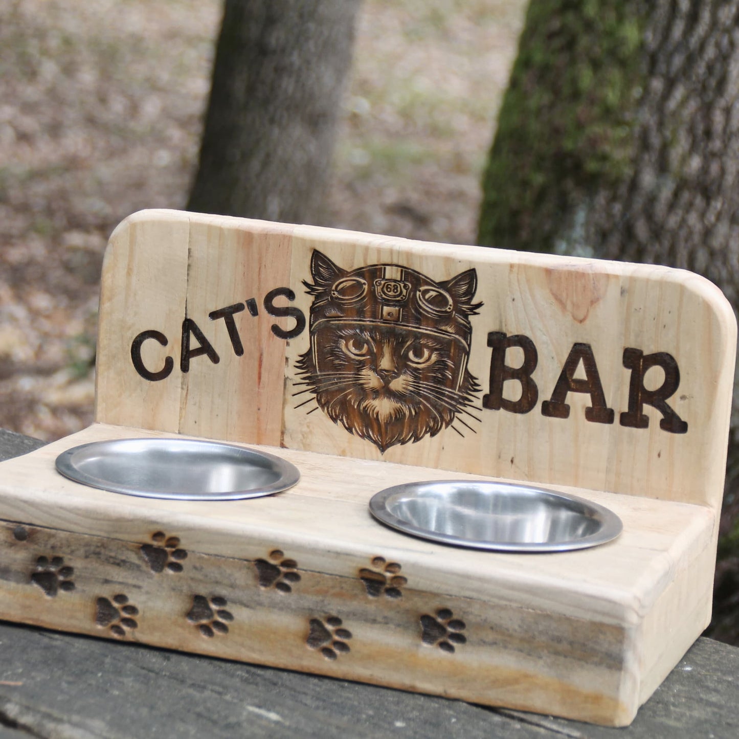 Gamelle originale pour chat en bois et gravure