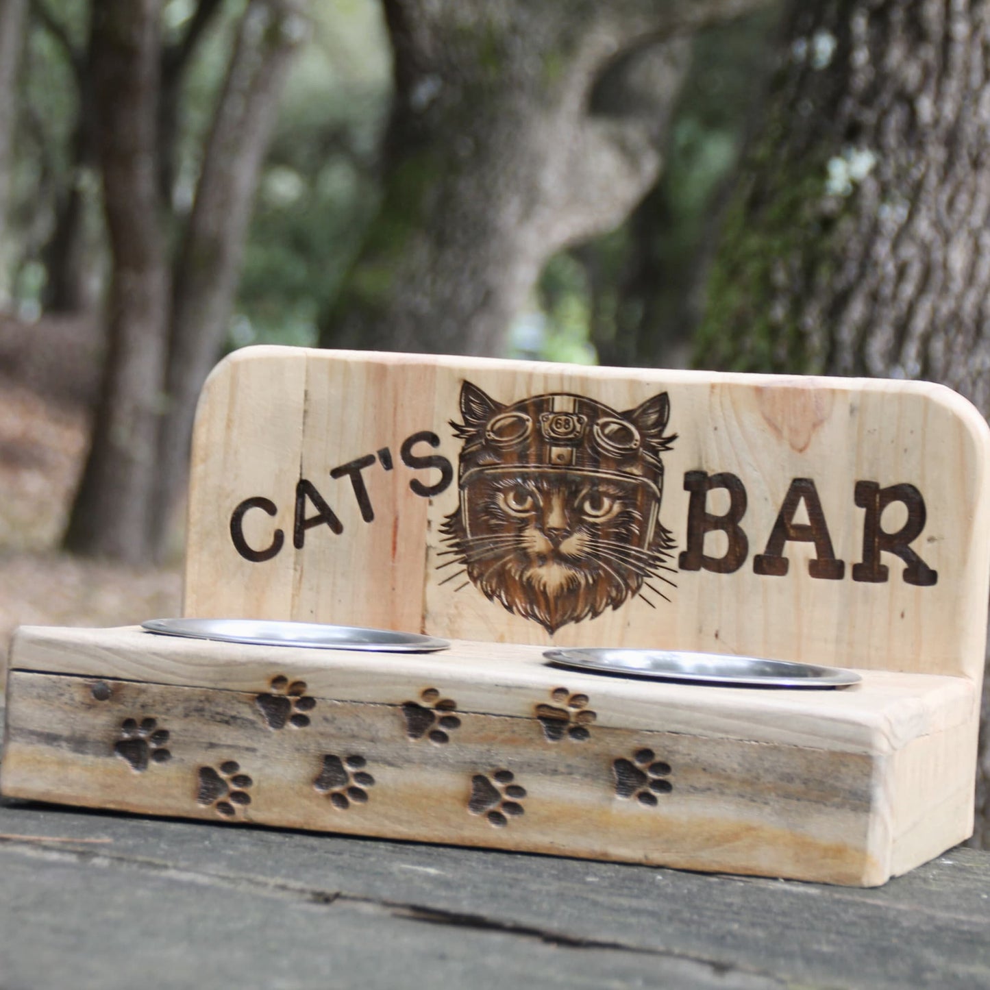 Double gamelle pour chat en bois gamelle inox et gravure chat motard