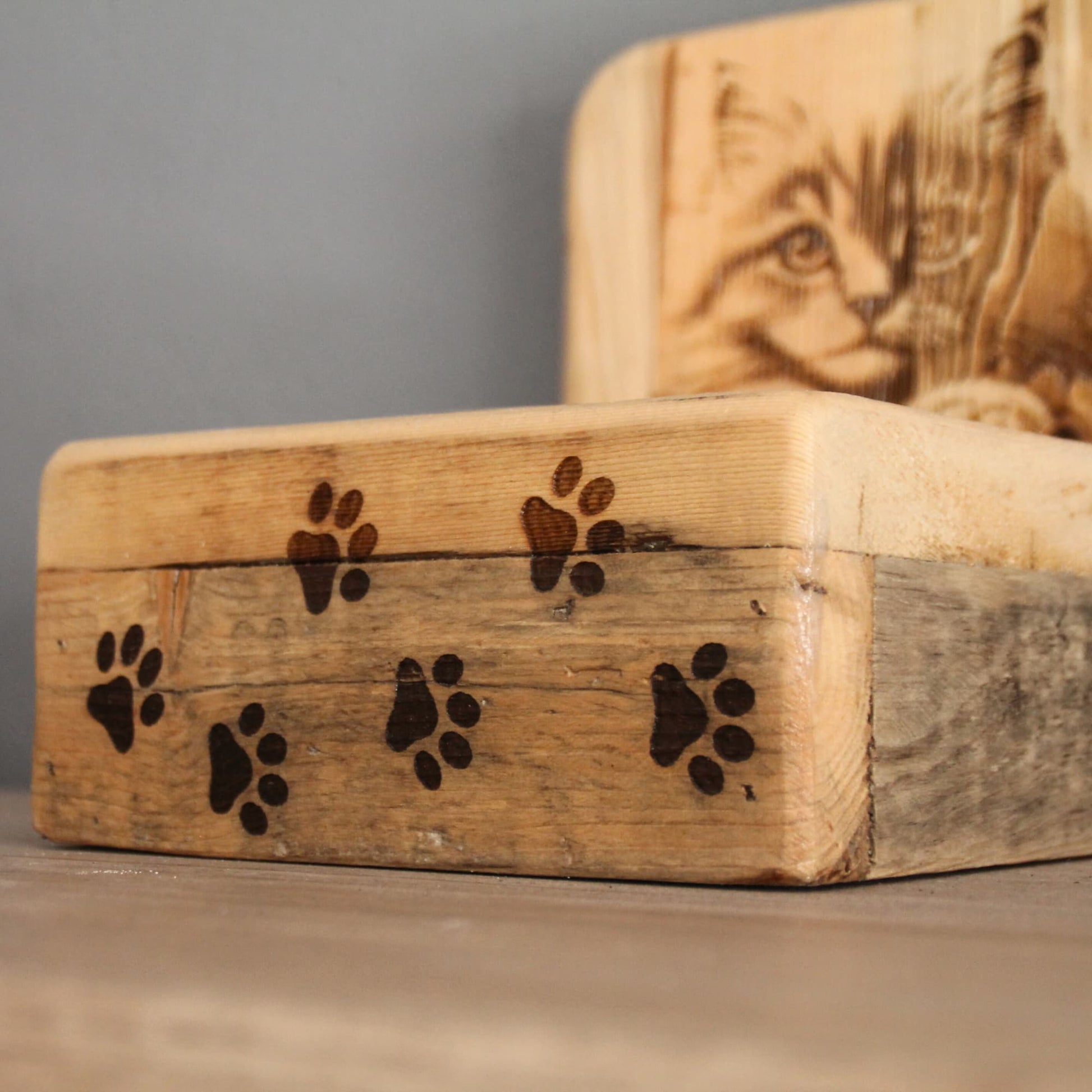 Gamelle pour chat intégrée dans un bar à chat en bois recyclé gravé