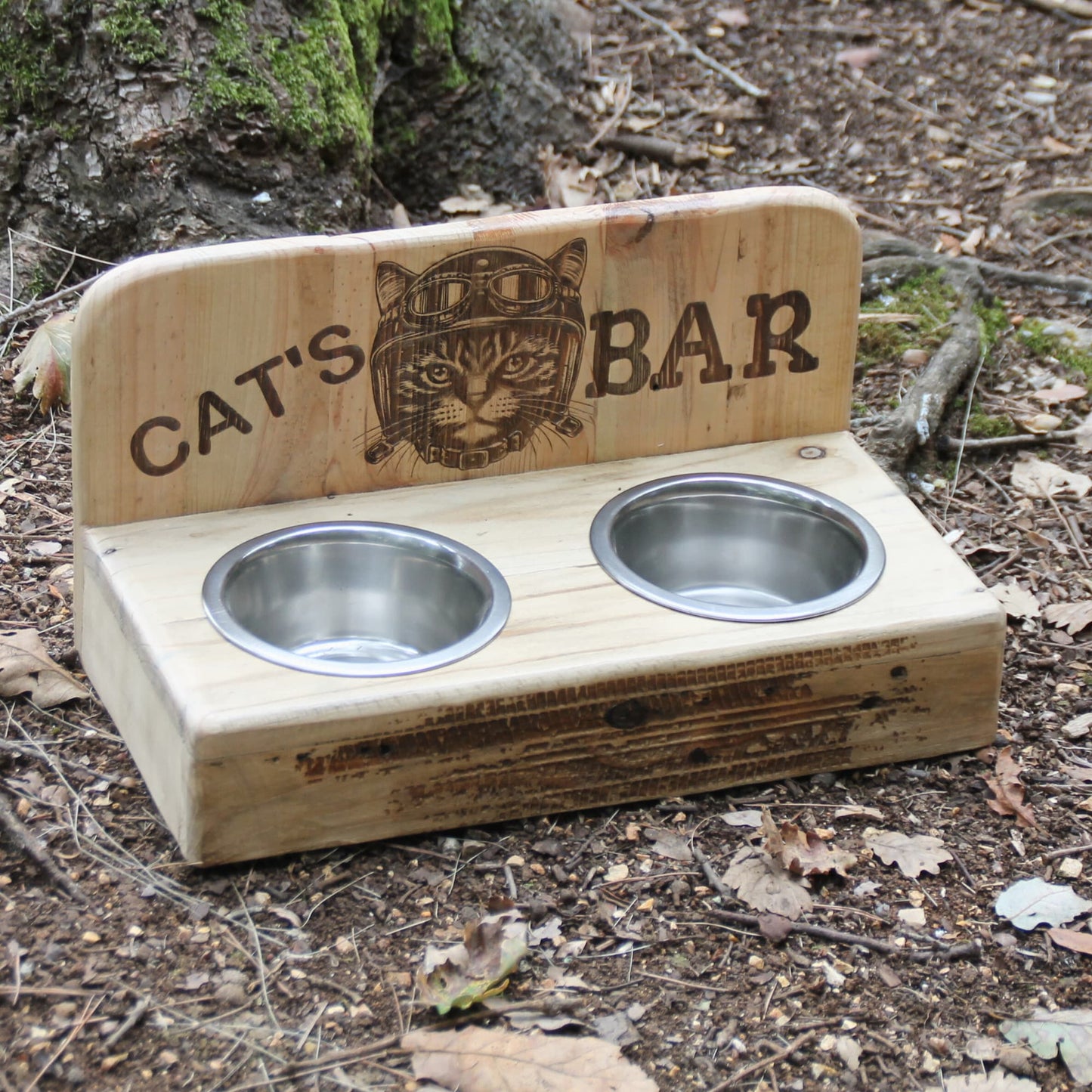 Gamelle pour chat originale en bois et double gamelles inox. Gravure laser
