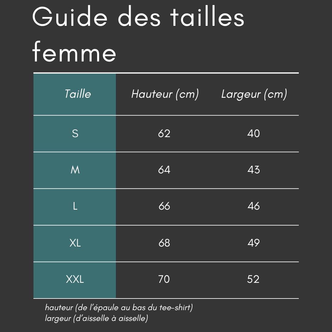 Guide des tailles pour les t-shirt femme avec correspondances par cm.
