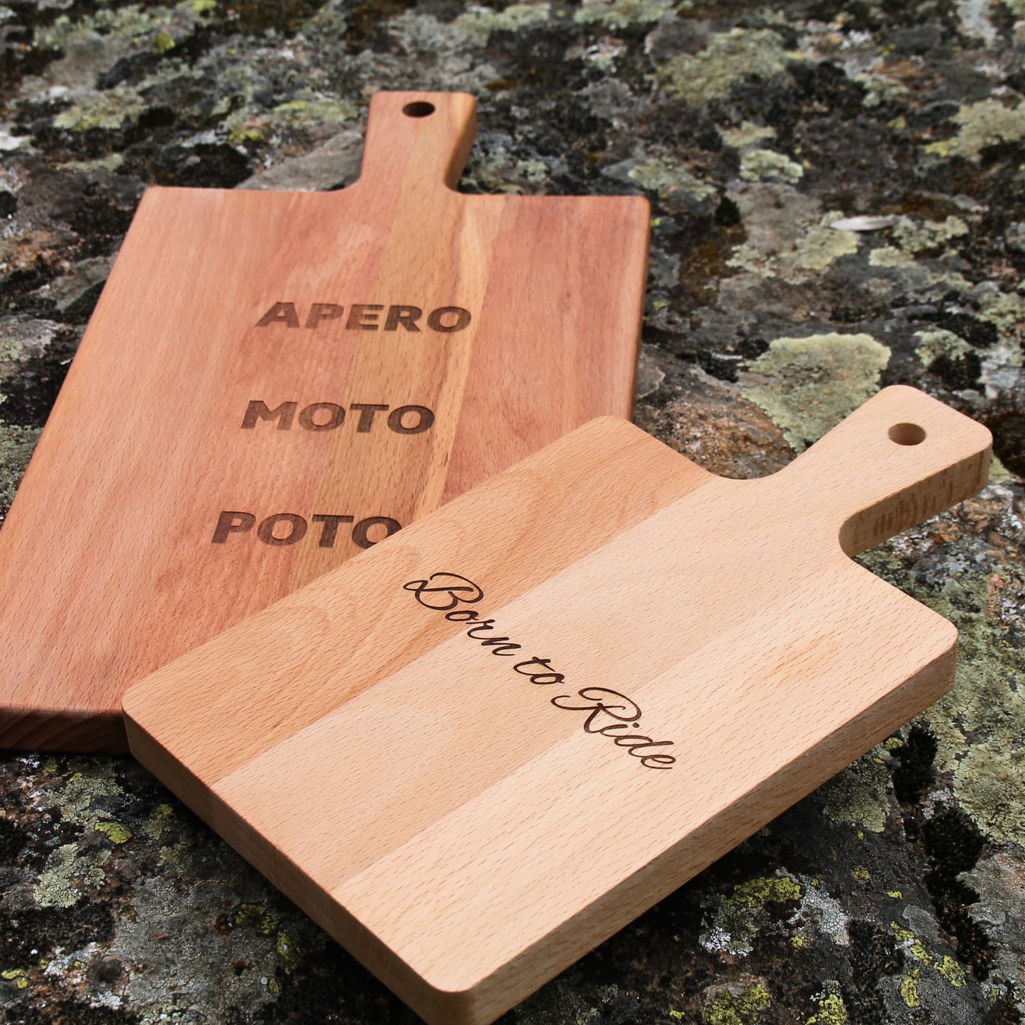 Planches à découper en bois avec gravure spéciale motards ! Born to ride ou Apero moto Poto, idée cadeau parfait pour passionné de moto