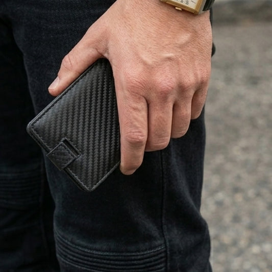 Porte feuille cuir fibre de carbone en situation dans la main d'un motard