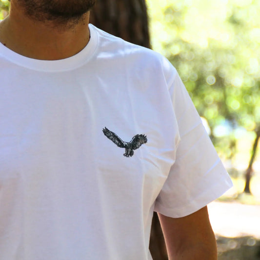Tshirt motard blanc avec illustration aigle en envol. Impression recto verso