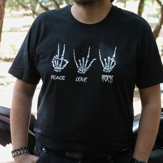T-shirt homme coton PEACE LOVE ROCK avec symboles de mains squelettes