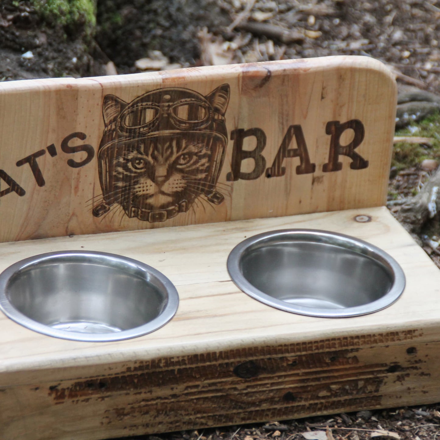 Détails sur la gamelle double pour chat en inox et bois