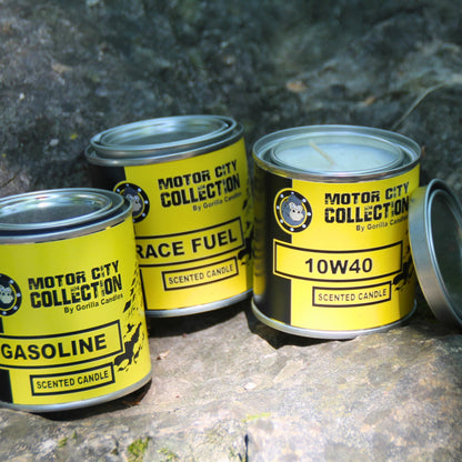 Ensemble de trois bougies parfumées à la cire de soja, 230g, parfums 10W40, Race Fuel et Gasoline.