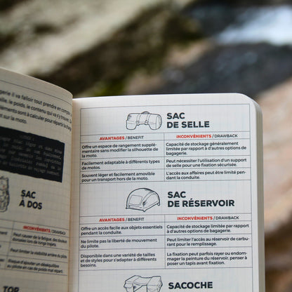  Carnet Road Trip ouvert sur la page de conseils sur les bagages, présentant des astuces pour optimiser le rangement lors des voyages à moto.