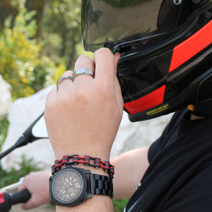 Bracelet chaine et bague boulon et pneu pour passionnés de moto. En acier inoxydable