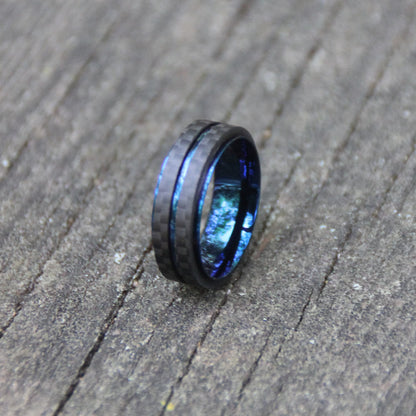 Bague acier inox carbone bicolore bleu idée caadeau bijou motard