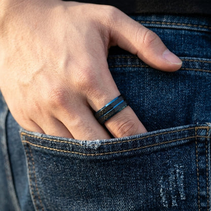 Bague acier inox carbone bicolore bleu bijou motard