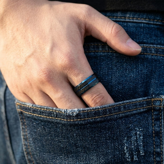 Bague acier inox carbone bicolore bleu bijou motard
