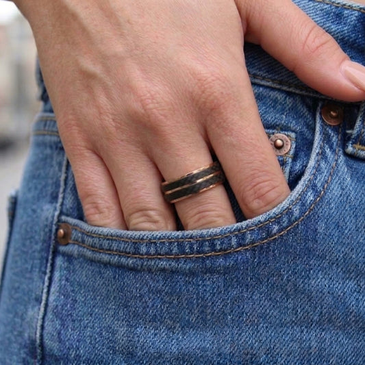 Bague acier inox carbone bicolore or rose bijou motarde