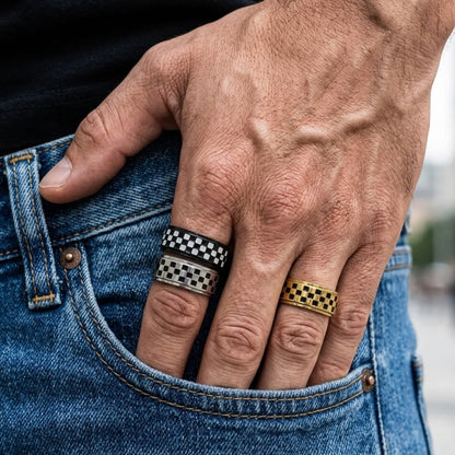 Bague acier inox rotative damier course moto GP portées