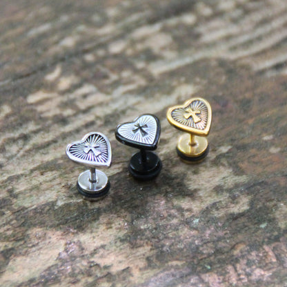 Trio de Boucles d'oreilles coeur et croix en acier inox finition oxydé