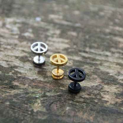 Boucles d'oreilles spécial motard avec embout plat et vissé, symbole peace.
