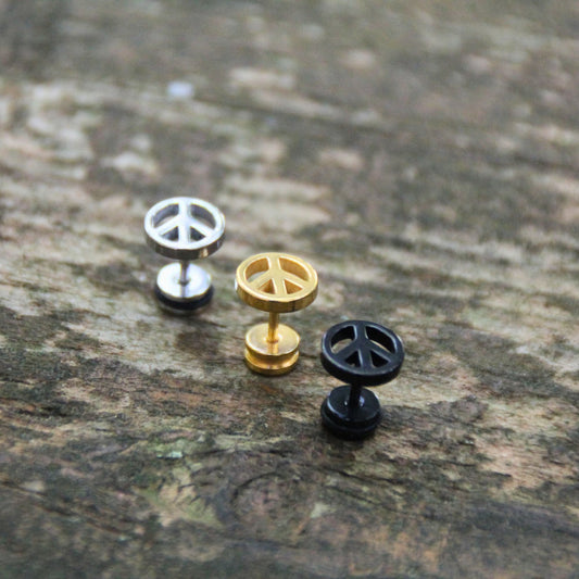 Boucles d'oreilles spécial motard avec embout plat et vissé, symbole peace.