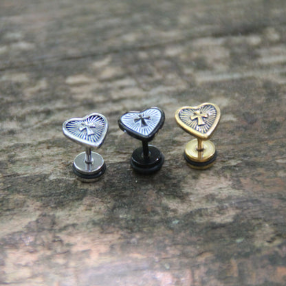 Boucles d'oreilles coeur et croix en acier inox doré argent ou noir 