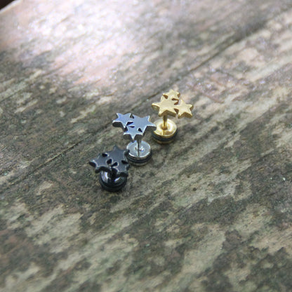 Boucles d'oreilles trio d'étoile en acier inox spécial casque de moto finitions dorées argentées ou noires.