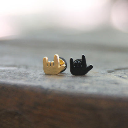 Boucles d'oreilles rock, signe de la main, en acier inox doré ou noir. 
