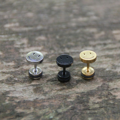 Boucles d'oreilles smiley acier inoxydable embout plat et vissé. Trois couleurs au choix