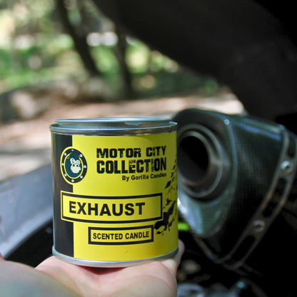 Bougie parfumée à la cire de soja, 230 grammes, senteur pot d’échappement.