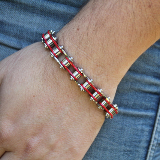 Bracelet chaine de moto en acier inoxydable couleur rouge et acier