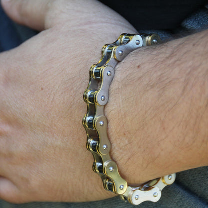 Bracelet motard chaine moto acier brossé et doré
