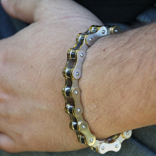 Bracelet motard chaine moto acier brossé et doré