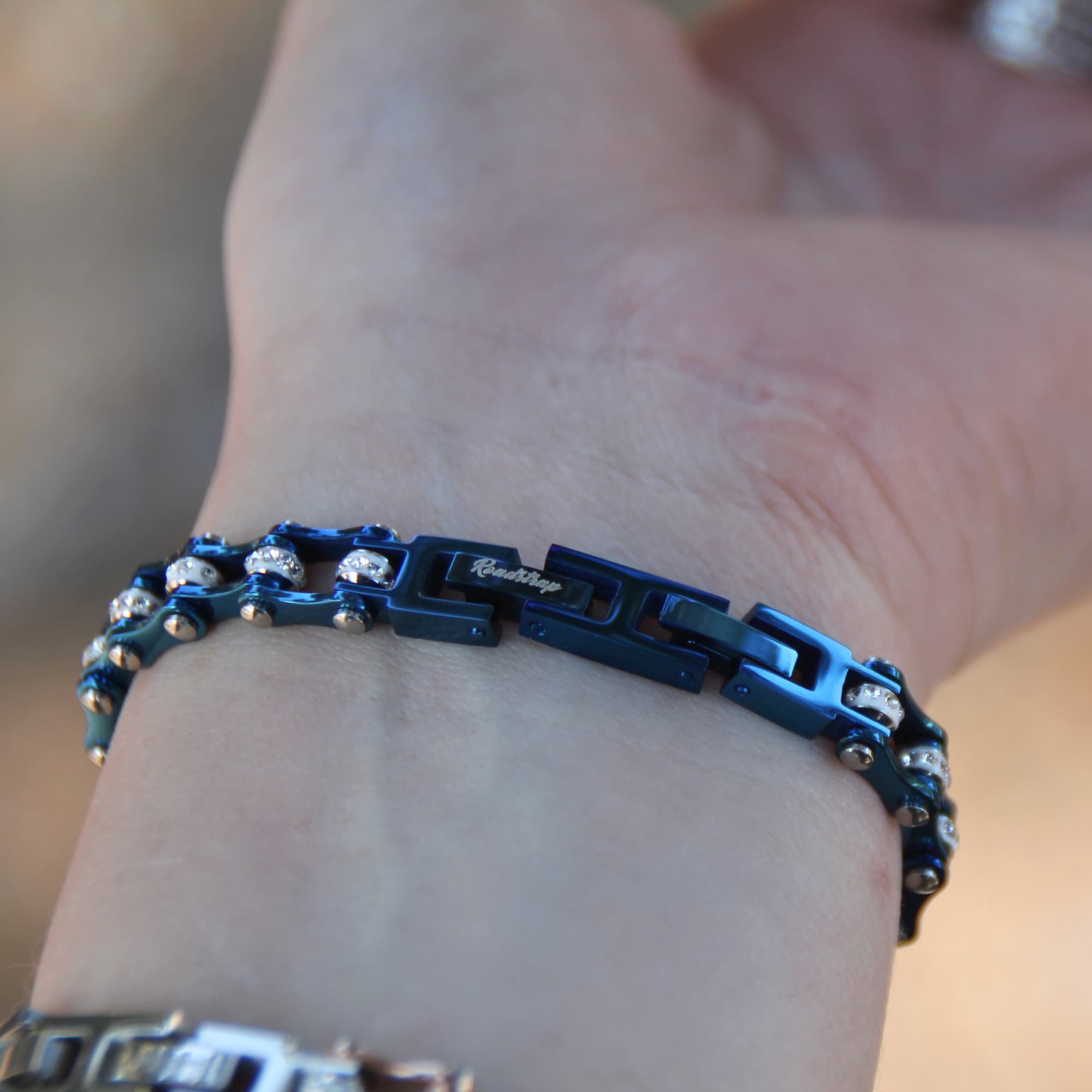 Attache clip du bracelet femme mini'z chaine moto en acier inoxydable  Bleu et acier