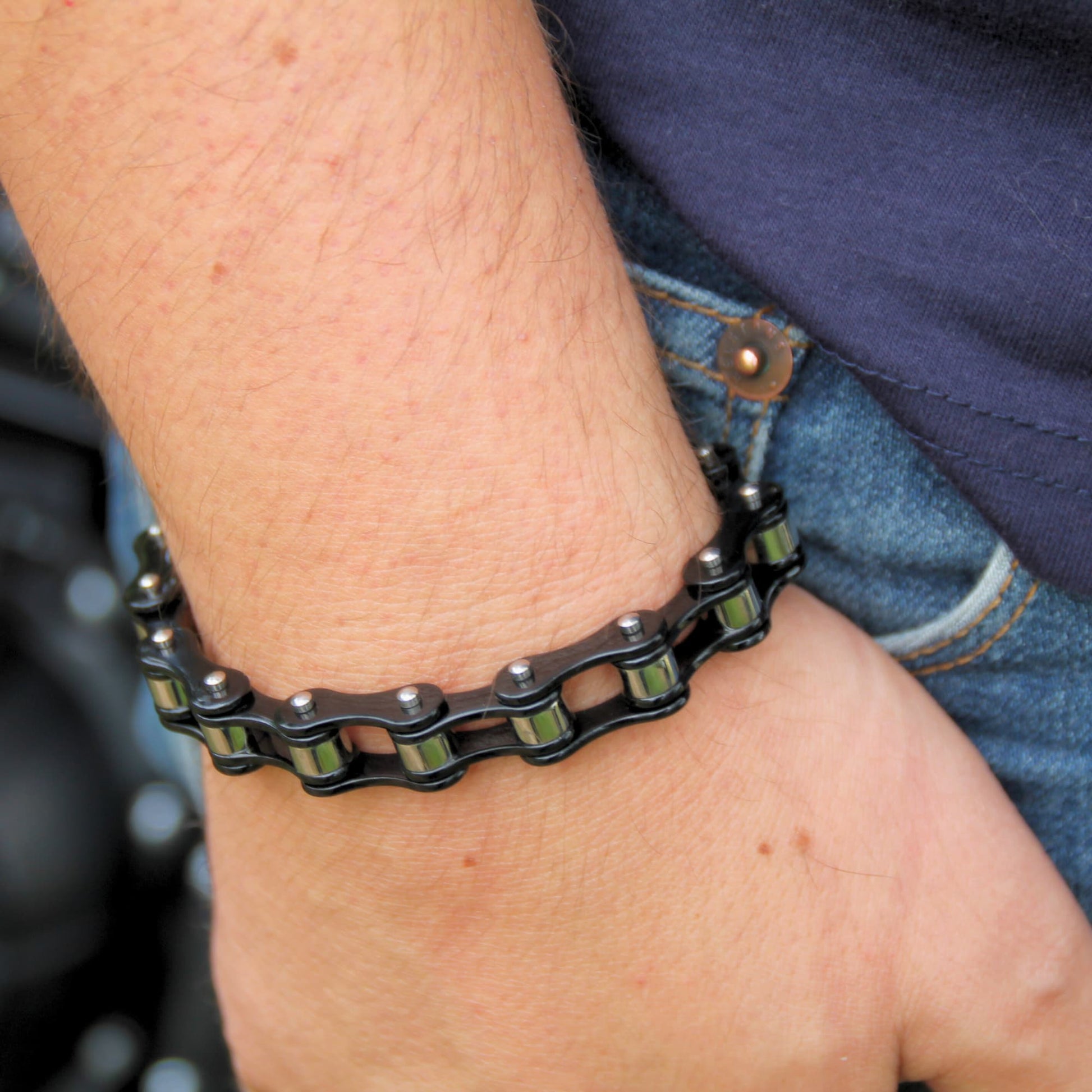 Bracelet chaine moto en acier pour homme, noir et acier