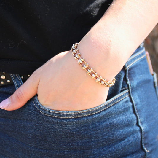 Bracelet chaine moto femme mini'z en acier inoxydable rose gold et zircons. Idéal pour fan de moto !