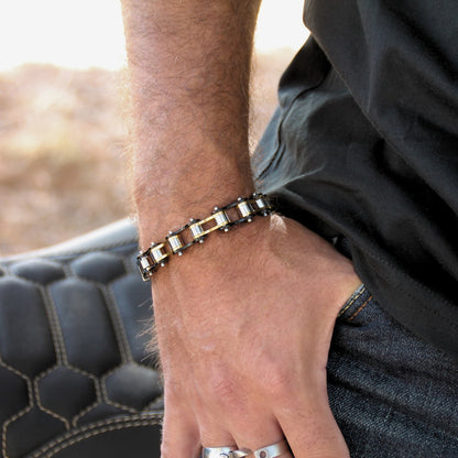 Bracelet chaine moto doré et noir en acier inox