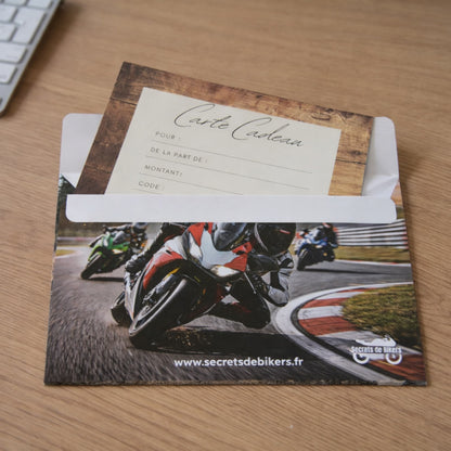 Dos de l'enveloppe de la carte cadeau Secrets de Bikers