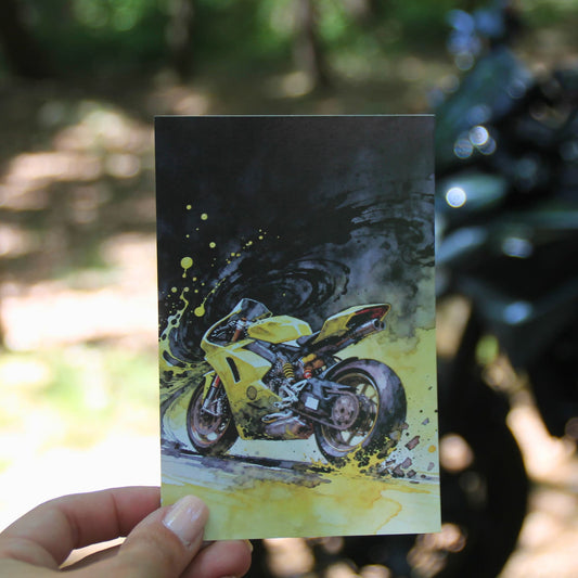 Carte postale moto sportive style aquarelle jaune