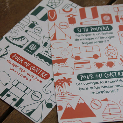 Cartes de jeu Escales & Débats avec questions sur le voyage et l’évasion