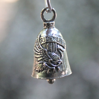 Clochette moto Guardian Bell Live to Ride, Ride to Live, devise de motard inscrite sur l'étain, porte-bonheur officiel