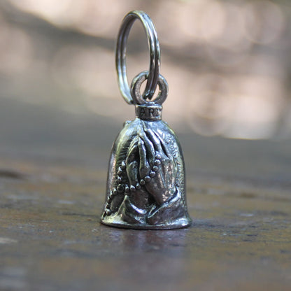 Clochette moto Guardian Bell Mains en prière (Praying Hands), mains jointes tenant un chapelet en étain, porte-bonheur motard catholique