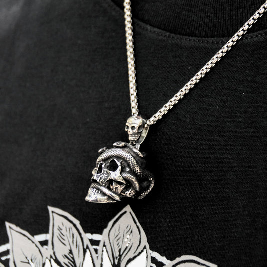Collier acier inoxydable pendentif crâne et serpent unisexe