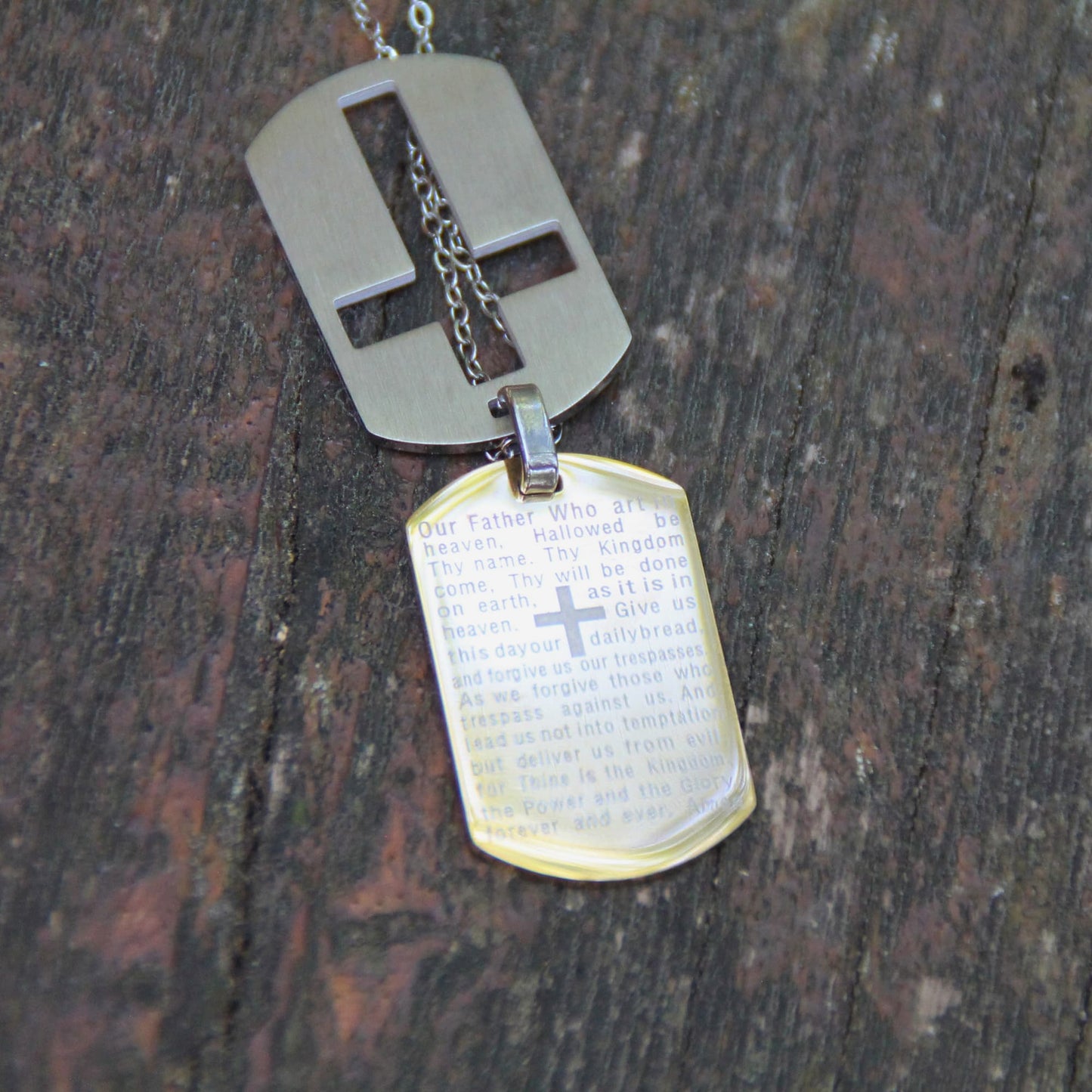 Collier double plaque militaire acier inox brossé et doré avec croix et priere ouverte