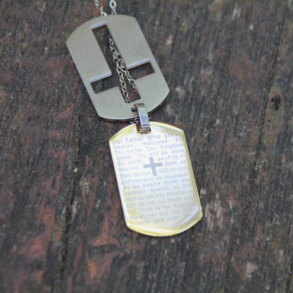 Collier double plaque militaire acier inox brossé et doré avec croix et priere ouverte