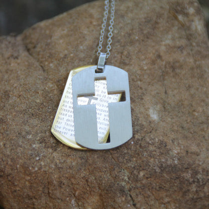 Collier plaque militaire acier inox avec croix et priere