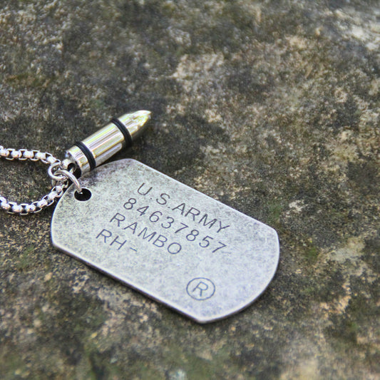 Collier plaque militaire gravure Rambo chaine de 60cm