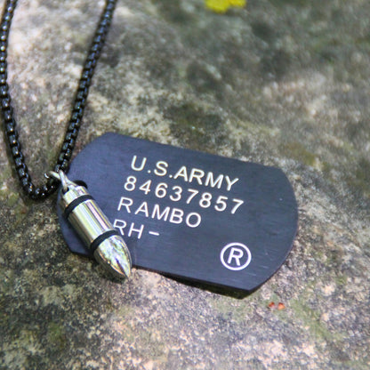 Collier biker plaque militaire gravure Rambo acier inox noir