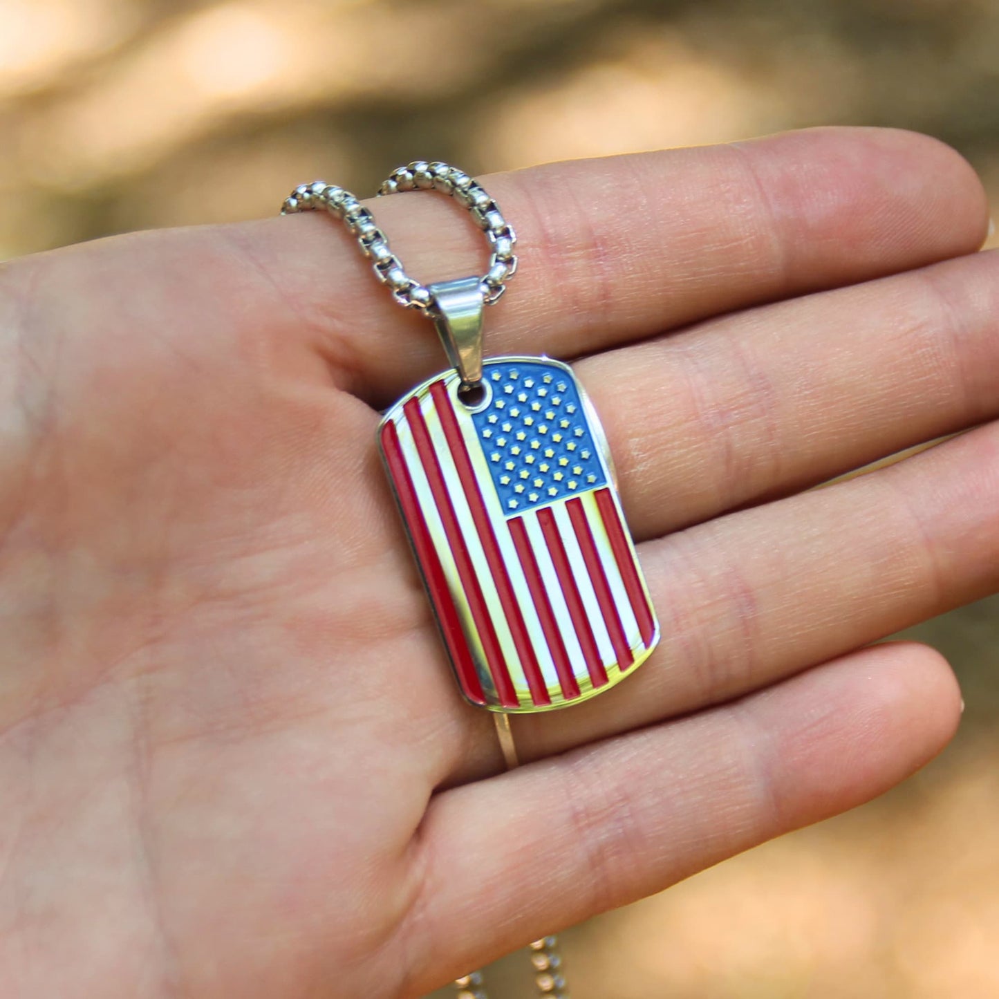 Bijou biker. Collier acier inox chaine 60cm médaille plaque USA drapeau américain