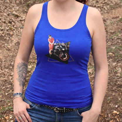 Débardeur bleu femme en coton. Design motarde kawaii et sa moto sportive. Marque Theia Moto 