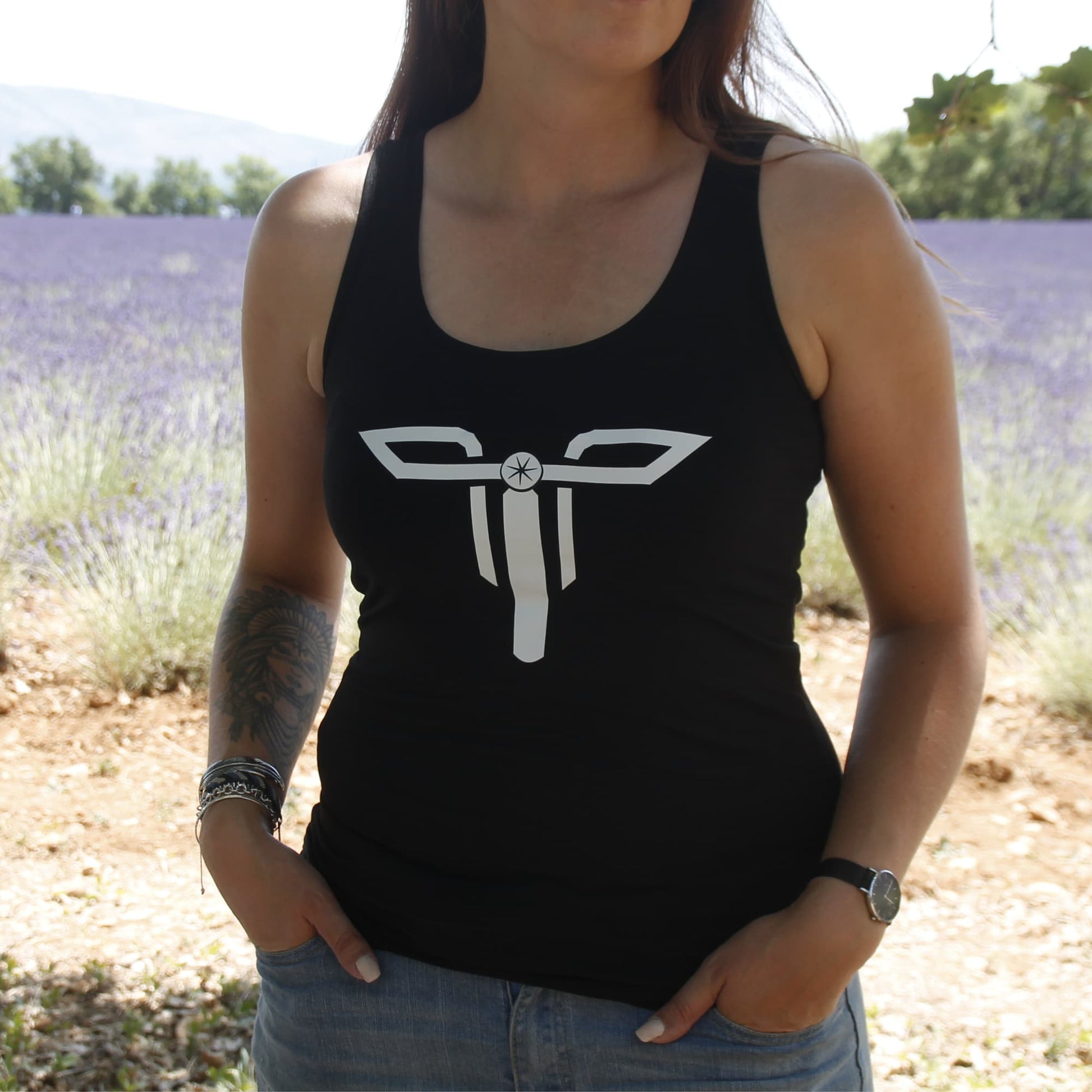 Débardeur noir en coton pour motarde avec logo Theia Moto.